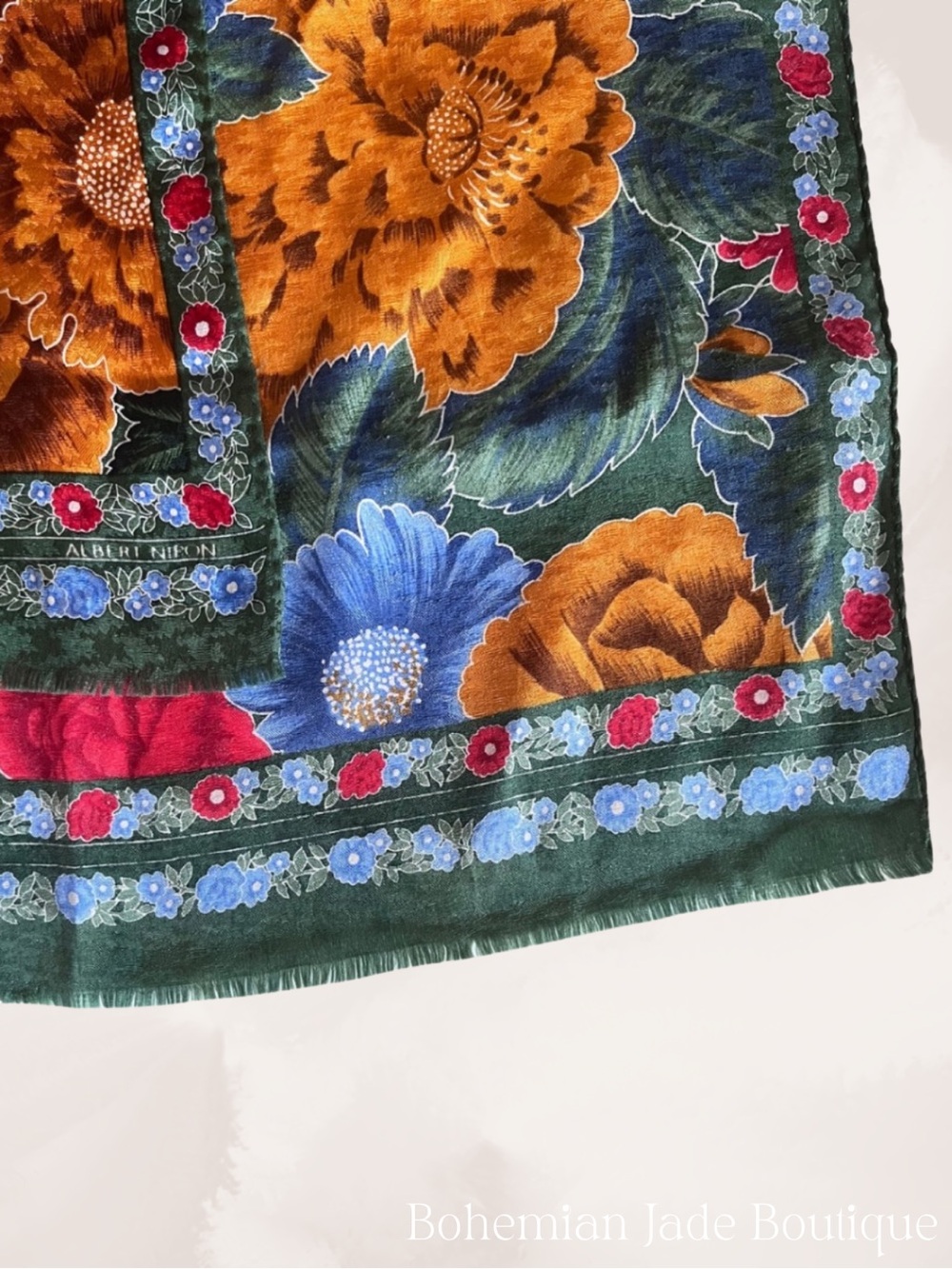 Vintage Albert Nipon 100% Silk Floral Long Rectangle Scarf Blue Gold Green Red - Picture 4 of 5